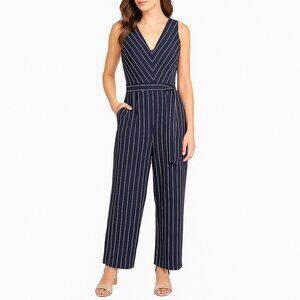 WRAPPER Black White Pinstripe Sleeveless Wide Leg Jumpsuit Size 6 V-Neck Belted